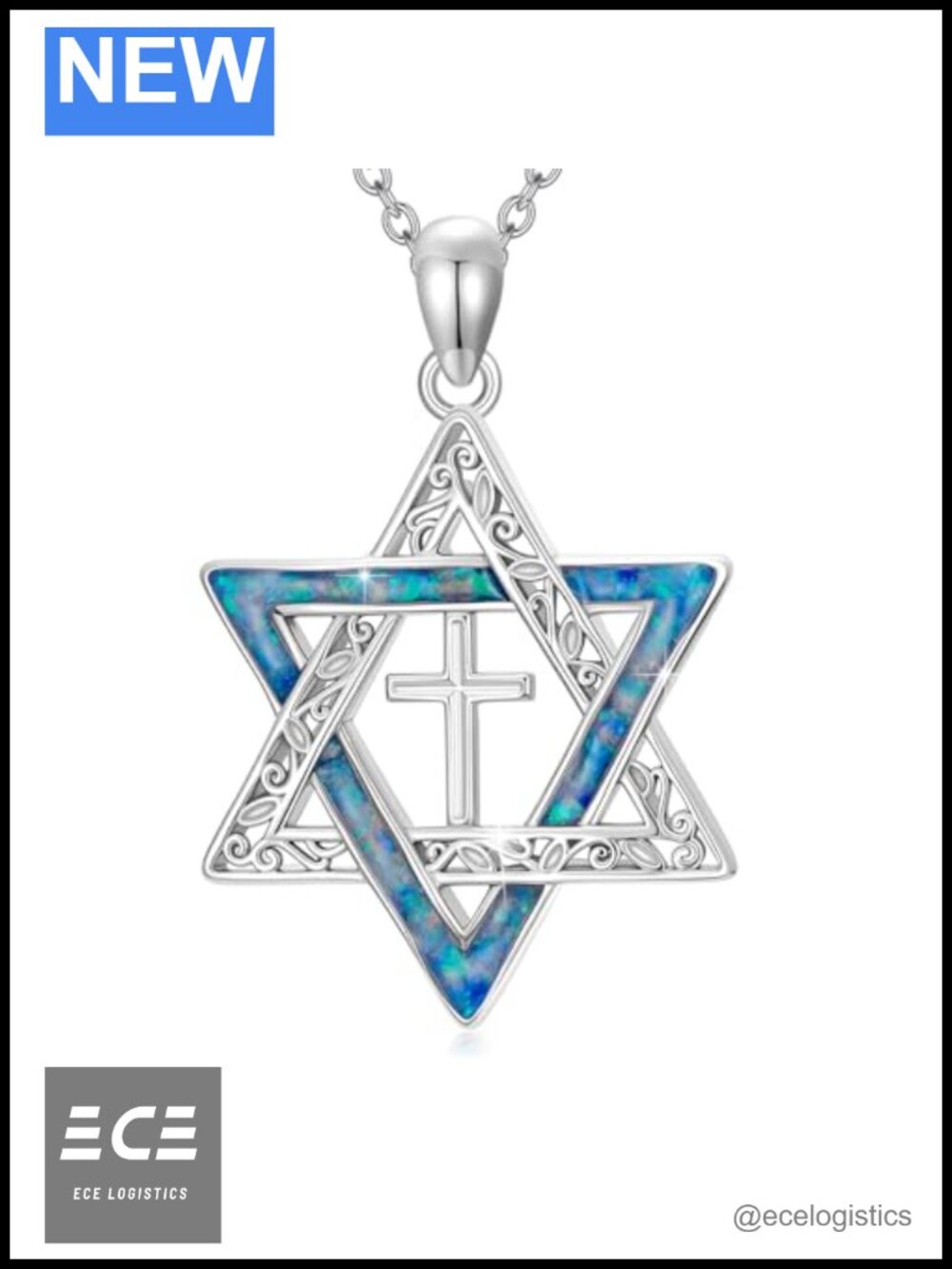 Star of David Necklace Stainless Steel Chain Simulated Opal Pendant
